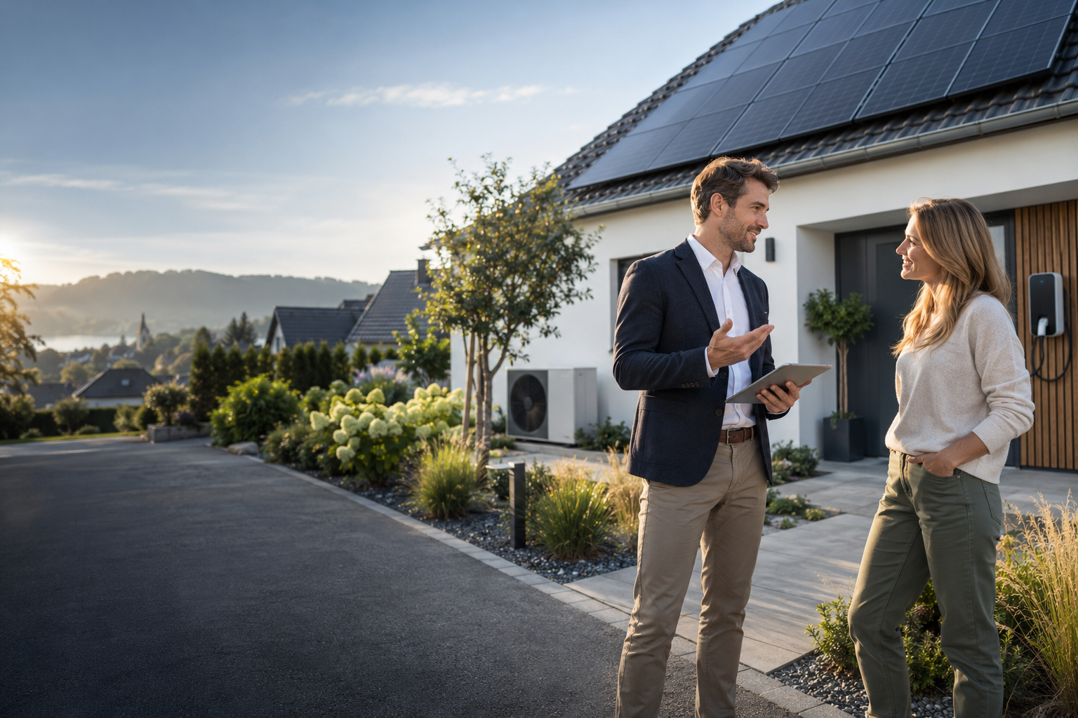 Energieberater im Gespräch vor einem Haus mit Photovoltaikanlage